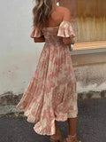 Fongt Spring And Summer New Print Open Shoulder With Chest Sexy Rest Lotus Leaf Sleeve Dress 8058-Outfit