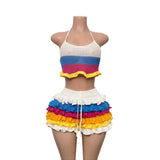 Fongt Striped Knitted Neck Top + Lotus Side Shorts Set Sexy Umbilked Fashion Two-Piece Set