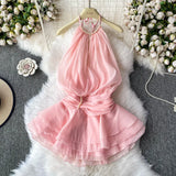 Fongt And Summer 2025 New Products Hanging Neck Bare Back Texture Crippling Poneng Dress To Close The Waist Tie Sweet Holiday Wind