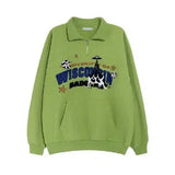 Green Cute Cow Embroidery POLO Shirt Sweatshirt Half Zipper Loose Casual Students Girls Pullover Kawaii Clothes
