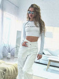 Fongt Style Short-Style Long-Sleeved T-Shirt Letter Printing Tight Body Thin Design Top Inside And Outside Wear
