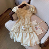 Vintage Square Neck Plaid Print Mini Dress Summer 2023 Elegant Puffed SleeveA-line Dresses Patchwork split Vestidos
