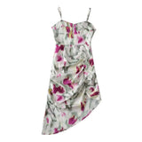 Vintage Yellow Tie dye Flower print Spaghetti Strap Dress Hem Slim Waist Slit Irregular Long Dresses Sling