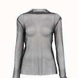 Fongt Women's Wear Spring / Summer 2024 New Top Solid Color Round Collar Long Sleeve Mesh Perspective Bottom T-Shirt-Outfit