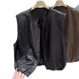 Fongt Collar Solid Color Sleeveless Leather Vest Coat Women's Autumn 2025 New Korean Fashion Stacked On The Kan Shoulders