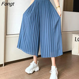 Summer Pleated Chiffon Wide-leg Pants Women Casual Black Midi Pant Skirts Female High-waist Straight Women's