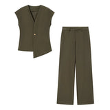 Fongt Explosion Women's Button Blouse Broad Leg Trousers Set