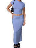 Summer 2 Pieces Sets Women Outfits Solid Color O-neck Short Sleeve Slim Fit Basic T-Shirts Crop Tops Long Skirts 2023-Outfit