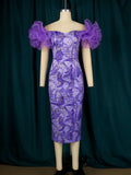 Fongt Net Yarn Sleeves Stitched Printed Bags Dresses Mid-Sevent Dress Party Dress Women Dress
