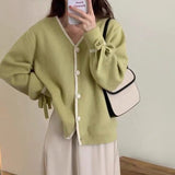 Elegant V-Collar Buckle Design Lantern Sleeves With Knitted Cardigan Autumn And Winter Korean Version Of Thin Blouse-Outfit