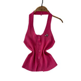 Fongt Design Feeling Hanging Neck Dew Single Buckle Slim Thin Knit Vest Women Wear Gas Bottom Shirt