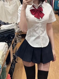 Slim Fit Bow Short Sleeve Jk White Sjhirts Women+ Y2k E-Girl High Waist Ruched Skirts 2024 Summer New Two Piece Sets-Outfit