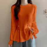 O-Neck Knitted Blouse Female Clothing Slim Waist 2023 Autumn Winter Long Sleeve Fashion Button Spliced Solid Color Shirt-Outfit