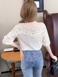 Out Casual Short Sleeve Blouse Loose Elegant O Neck Sweet Tops Summer Lace Women's Blouse Flowers Chiffon Shirts