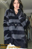 Y2K Harajuku Vintage Star Striped Sweater Women Grunge Kpop V-neck Oversized Jumper Loose Chic Pullover Tops