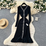 Fongt Small-Sized Famous Woman Hit The Color V-Neck Long Sleeve Single Buckle Waist Knitted Dress Women With Fish Tail