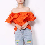 Chic Patchwork Ruffle Shirt For Women Slash Neck Short Sleeve Casual Green Blouse Female Fashion New Clothing