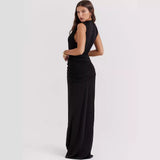 Fongt Girls Wear A New Women's Wear Sexy Deep V Slit Pleated Long Skirt Black Dress