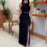 Fongt 2024 New Solid Color Round Collar Sleeveless Top High Waist Slit Skirt Suit-Outfit