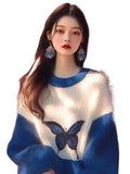 Fongt Early Autumn New Sweater Small Korean Languid Wind Hit Klein Blue Butterfly Print Knitting Top
