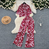 Fongt Light Style Suit Women's Fashion With Loose Short Print Shirt + High Waist Display Thin Leg Slacks