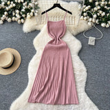 Fongt Dress Women 2025 New Gentle Wind Temperament Slings Waists Thin Vertical Knitted Dress Inside The Long Skirt