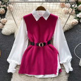 Light Luxury Ladies Dress Set Women's Loose Long-sleeved White Shirt Top + Slit Knitted Vest Vest Two-piece Set-Outfit