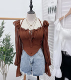 Fongt Girls Shoulder-Mounted Neck With Long-Sleeved Chindal Wooden Ear-Deared Shirt Short With Chest Cushion Top 8873