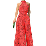 Fongt Women's Clothing Ins New Fashion Round Collar Sexy Print Jumpsuit