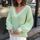 V-neck Patchwork Sweater For Women New Drop Shoulder Lantern Sleeves Casual Oversized Pullover Female Autumn