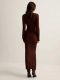 Fongt New Women's Dress French Retro Solid Color V-Neck Long-Sleeved Bag Hip Knitted Dress