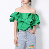 Chic Patchwork Ruffle Shirt For Women Slash Neck Short Sleeve Casual Green Blouse Female Fashion New Clothing