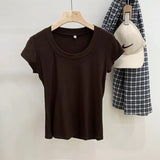 Version Simple Solid Color Threaded U-Collar Short-Sleeved T-Shirt Women Summer New Style Slim Look Thin Pure Desire Hot Girl Blouse Girl-Outfit