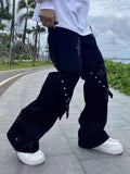 Gothic Dark Black Jeans Women High Street Denim Pants Mall Goth Wide Leg Trousers For Female Punk Cross Aesthetic