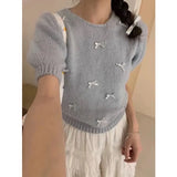 Fongt Chic Spring And Summer Little Bow Bow Short-Sleeved Collar Knitted Jersey Girl Spring Sweet Soft Foam Bubble Sleeve Top