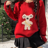 Fongt Shot 2024 Winter New Sweet Age Reduction Leisure Cartoon Embroidery Round Collar Inserted Shoulder Sleeve Sleeve Sweater Women-Outfit