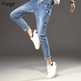 women's jeans girls fashion trousers black Jeans Elastic Waistband woman full loose denim pants boyfriends Cheap