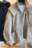 Autumn Oversized Casual Khaki Windbreaker Women Long Sleeve Drawstring Zipper