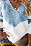 Women Elegant Patchwork Print Knit Sweater 2023 Autumn Sexy V-Neck Long Sleeve Pullover Tops Ladies Winter Casual Loose