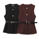 Fongt 2025 New Women's Round-Neck With Sleeveless Belt Vest Women's Top