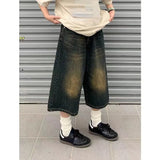 Vintage Wash Whiskers Denim Shorts Women Low Rise Distressed Frayed Wide Leg Baggy Jeans Jorts Casual Summer Clothes-Outfit