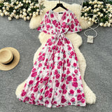 Fongt Summer Dress New Female High-End Feel Strapped Belt V Collar Horn Sleeves Thin Temperament Print Chiffon Dress