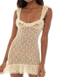 Women Sexy Sleeveless Strap Mini Dress 2023 Low Cut Lace Mesh See Through Backless Ruffles Slim Fit Dress Summer Club-Outfit