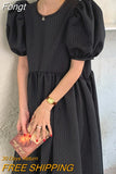 Chic Summer Round Neck Robe Contrast Color Lace Bow Polka Dot Puff Sleeve Women Midi