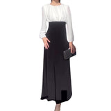 Fongt 2024 New Fashion Color Stitching High Waist Slim Temperament Long-Sleeved Dress-Outfit