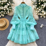 Fongt Court Lantern Sleeve Dress Girl Spring Hook Flower Embroidery Design Famous Light Luxury Royal Sister Temperament Dress