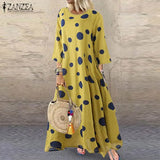 Autumn 3/4 Sleeve Polka Dot Printed Long Dress Vintage Women's Cotton Linen Dresses Female Kaftan Vestido Femme