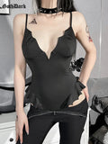 Dark Bat Shape Mall Gothic Bodycon Bodysuits For Women Summer Grunge Sexy Deep V-neck Tops Backless Sleeveless Alt