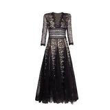 Women Runway Designer Fashion Lace Flower Embrodiery A Line Luxury Party Dinner Dresses Lady Elegant Retro Robes TH500-Outfit