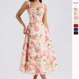 Fongt Temperament Floral Series French Summer Slings Gentle Wind Dress With Thin Floral Slings Long Skirts